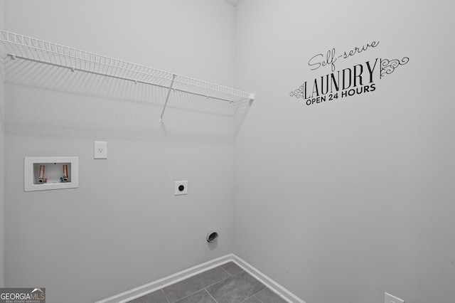 108 Donovan Ave, Locust Grove, GA 30248 - laundry room featuring hookup for an electric dryer, baseboards, washer hookup, and dark tile patterned floors