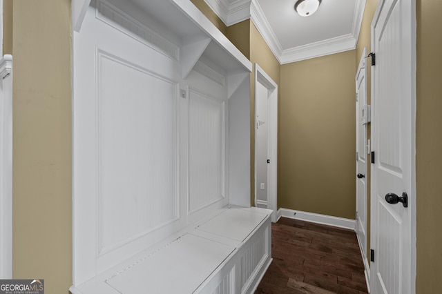 108 Donovan Ave, Locust Grove, GA 30248 - mudroom featuring crown molding, dark wood-style flooring, and baseboards