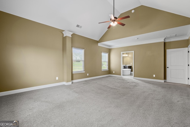 108 Donovan Ave, Locust Grove, GA 30248 - carpeted spare room with high vaulted ceiling, ceiling fan, and baseboards