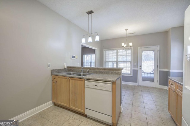 2500 Rosehill Cir, Lithia Springs, GA 30122 - kitchen featuring dishwasher, light tile patterned flooring, a peninsula, and a chandelier