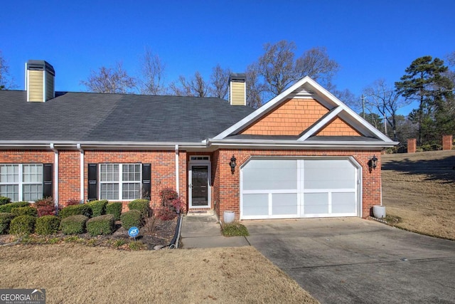 2500 Rosehill Cir, Lithia Springs, GA 30122 - view of front facade featuring a chimney, an attached garage, driveway, brick siding, and roof with shingles