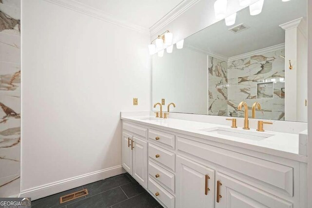 326 Seldom Seen Trl, Canton, GA 30115 - bathroom featuring double vanity, crown molding, and a marble finish shower