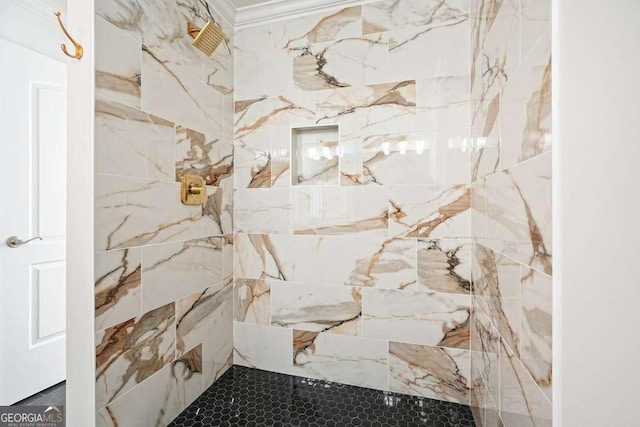 326 Seldom Seen Trl, Canton, GA 30115 - bathroom with a tile shower and ornamental molding