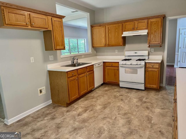 230 Wytheford Ct, Alpharetta, GA 30004 - kitchen featuring white appliances, a sink, under cabinet range hood, and brown cabinets