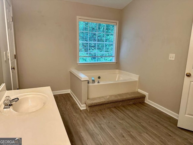 230 Wytheford Ct, Alpharetta, GA 30004 - bathroom with wood finished floors, a garden tub, baseboards, and vanity