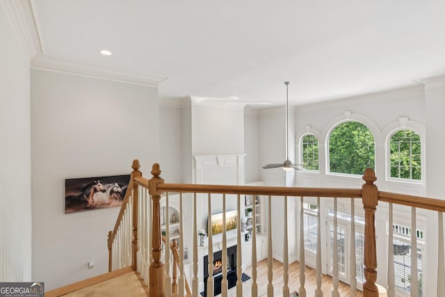952 Moores Walk Ln, Suwanee, GA 30024 - hall featuring ornamental molding, an upstairs landing, recessed lighting, and baseboards