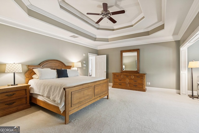 952 Moores Walk Ln, Suwanee, GA 30024 - bedroom featuring a tray ceiling, crown molding, light carpet, and a ceiling fan