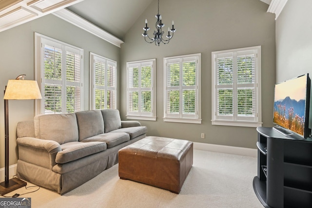 952 Moores Walk Ln, Suwanee, GA 30024 - living area with a chandelier, baseboards, carpet, and high vaulted ceiling