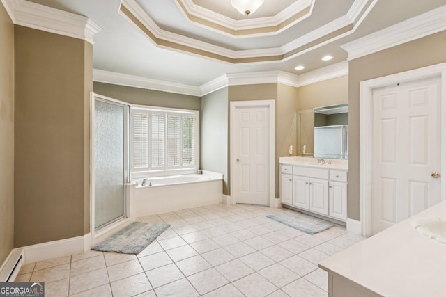 952 Moores Walk Ln, Suwanee, GA 30024 - full bath with vanity, ornamental molding, a bath, a tray ceiling, and a shower stall