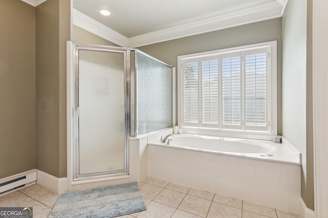 952 Moores Walk Ln, Suwanee, GA 30024 - bathroom with tile patterned floors, ornamental molding, a shower stall, baseboard heating, and a bath
