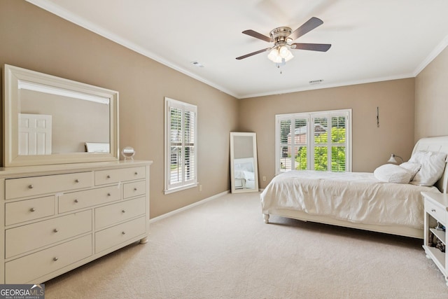 952 Moores Walk Ln, Suwanee, GA 30024 - bedroom with ornamental molding, light carpet, multiple windows, baseboards, and ceiling fan