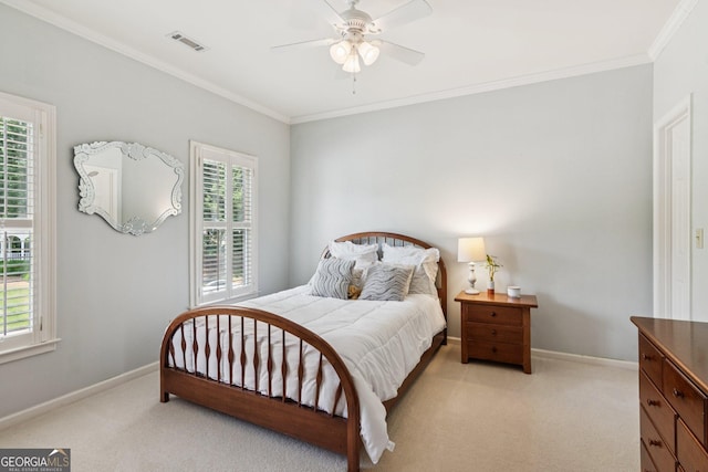 952 Moores Walk Ln, Suwanee, GA 30024 - bedroom with light colored carpet, baseboards, ornamental molding, and ceiling fan