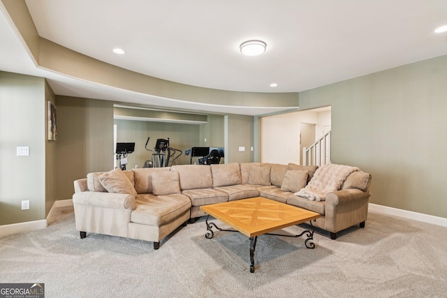 952 Moores Walk Ln, Suwanee, GA 30024 - carpeted living area with baseboards, stairs, and recessed lighting
