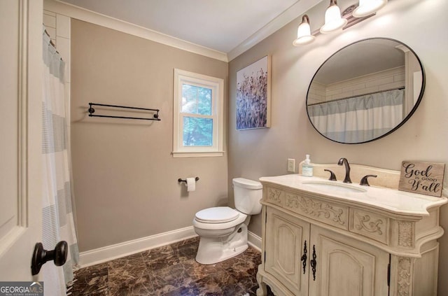 6095 Fords Rd NW, Acworth, GA 30101 - full bath with baseboards, vanity, crown molding, toilet, and a shower with shower curtain