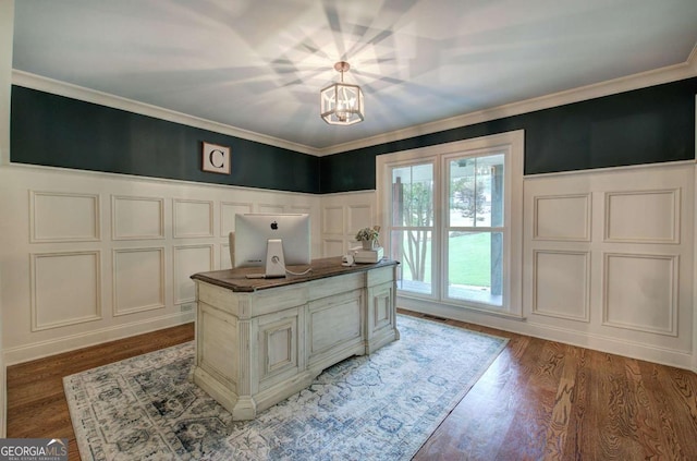 6095 Fords Rd NW, Acworth, GA 30101 - office featuring a decorative wall, a chandelier, a wainscoted wall, light wood-style flooring, and ornamental molding