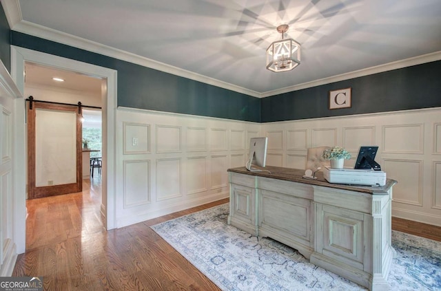 6095 Fords Rd NW, Acworth, GA 30101 - office area featuring a decorative wall, light wood-style floors, a barn door, ornamental molding, and a chandelier