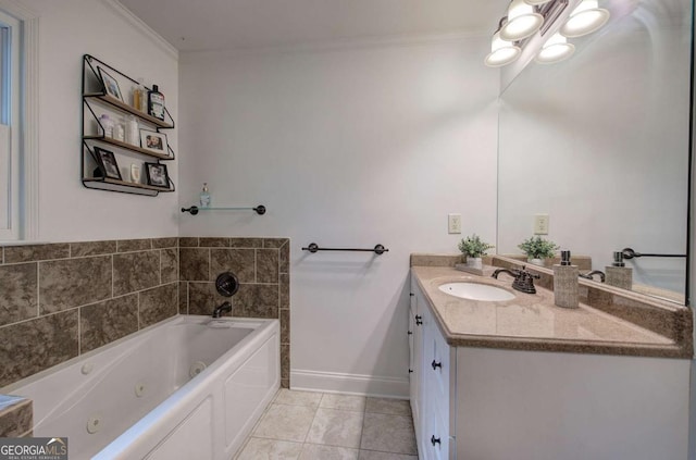 6095 Fords Rd NW, Acworth, GA 30101 - bathroom featuring vanity, a jetted tub, ornamental molding, tile patterned floors, and baseboards