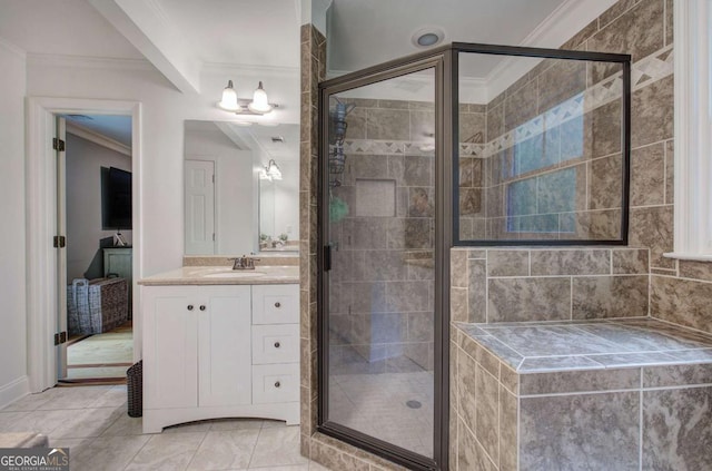 6095 Fords Rd NW, Acworth, GA 30101 - full bath featuring ornamental molding, a stall shower, vanity, and tile patterned flooring