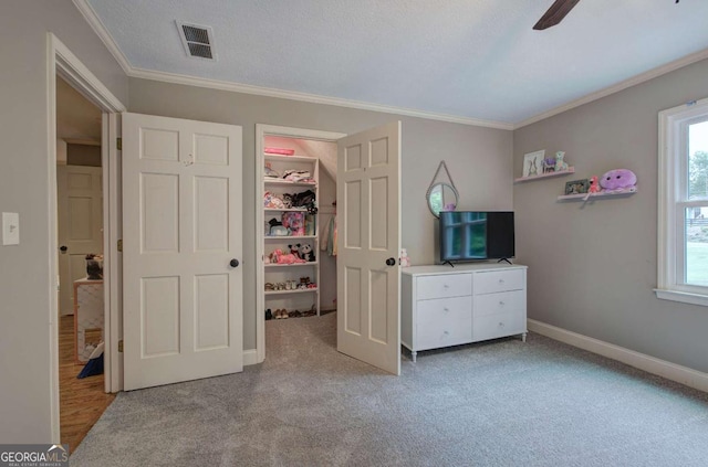 6095 Fords Rd NW, Acworth, GA 30101 - bedroom with ornamental molding, carpet, baseboards, and ceiling fan