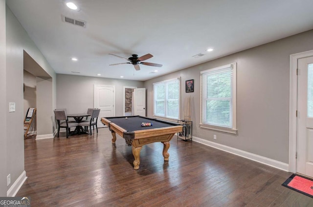 6095 Fords Rd NW, Acworth, GA 30101 - playroom featuring a ceiling fan, pool table, wood finished floors, baseboards, and recessed lighting