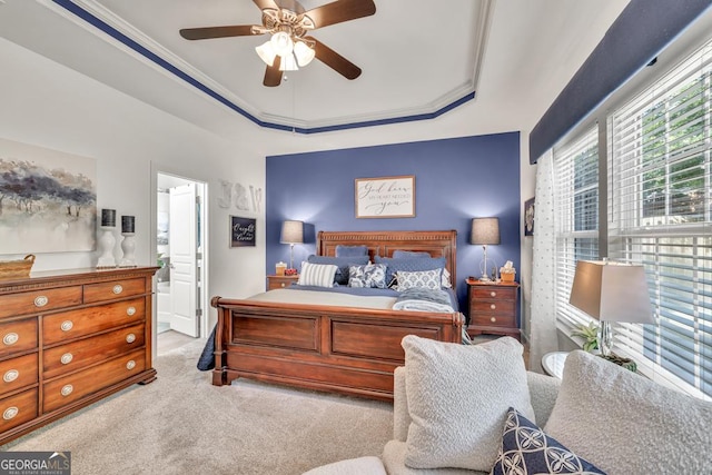 7891 Brass Lantern Dr, Flowery Branch, GA 30542 - bedroom featuring carpet, a tray ceiling, crown molding, and ceiling fan