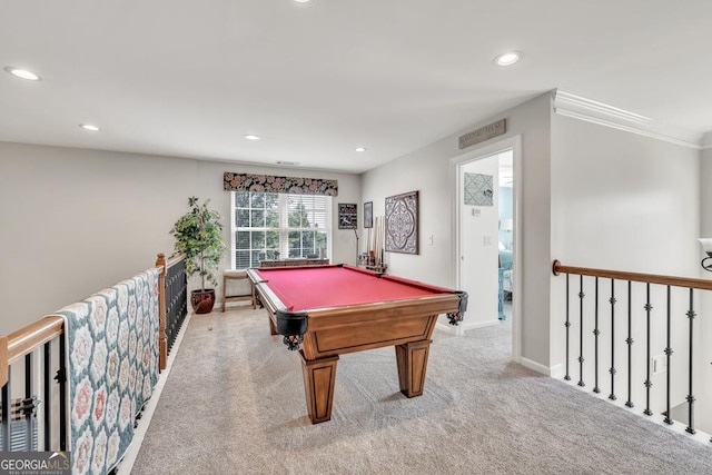 7891 Brass Lantern Dr, Flowery Branch, GA 30542 - game room featuring carpet floors, recessed lighting, billiards, and crown molding