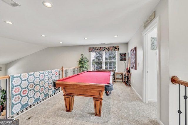 7891 Brass Lantern Dr, Flowery Branch, GA 30542 - rec room with carpet, recessed lighting, billiards, and vaulted ceiling