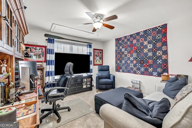 7891 Brass Lantern Dr, Flowery Branch, GA 30542 - carpeted office space featuring attic access and ceiling fan
