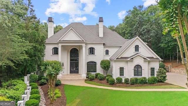 8957 Old Southwick Pass, Johns Creek, GA 30022 - french provincial home featuring a chimney, a front lawn, a shingled roof, and stucco siding
