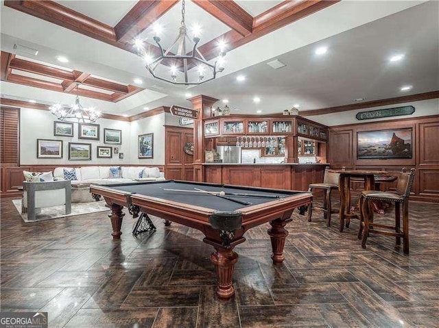 8957 Old Southwick Pass, Johns Creek, GA 30022 - rec room featuring a chandelier, coffered ceiling, crown molding, pool table, and a community bar