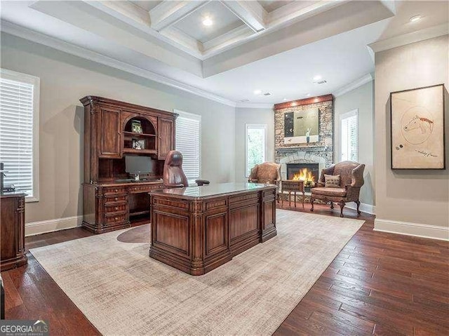 8957 Old Southwick Pass, Johns Creek, GA 30022 - home office with baseboards, a fireplace, dark wood-style floors, beam ceiling, and crown molding