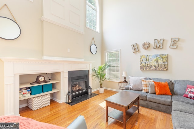 2600 Neighborhood Walk, Villa Rica, GA 30180 - living room featuring wood finished floors, a towering ceiling, and a fireplace with flush hearth