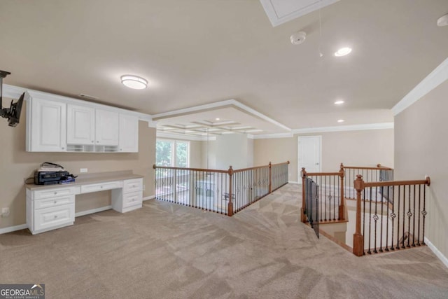 3451 Falls Branch Ct, Buford, GA 30519 - office space featuring attic access, light carpet, crown molding, baseboards, and recessed lighting