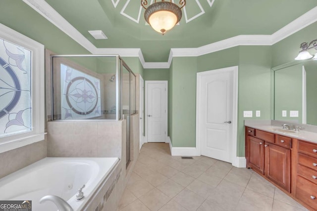 3451 Falls Branch Ct, Buford, GA 30519 - full bath featuring a shower stall, vanity, a jetted tub, tile patterned flooring, and crown molding