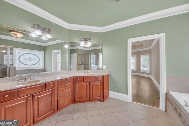 3451 Falls Branch Ct, Buford, GA 30519 - full bath featuring ornamental molding, double vanity, a bath, tile patterned floors, and a shower with door