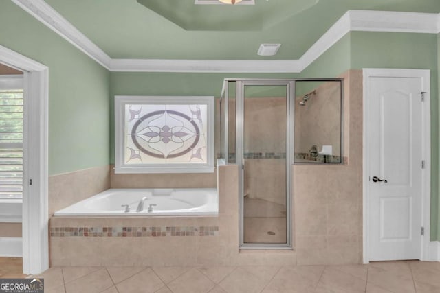 3451 Falls Branch Ct, Buford, GA 30519 - full bath featuring tile patterned flooring, a bath, a stall shower, plenty of natural light, and ornamental molding