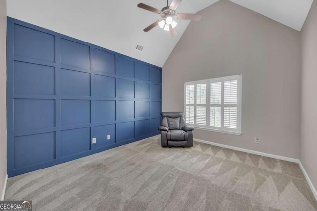 3451 Falls Branch Ct, Buford, GA 30519 - unfurnished room featuring high vaulted ceiling, ceiling fan, a decorative wall, carpet flooring, and baseboards