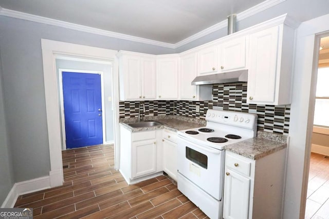 1852 E Farris Ave, Atlanta, GA 30344 - kitchen with electric range, under cabinet range hood, a sink, dark wood-type flooring, and tasteful backsplash