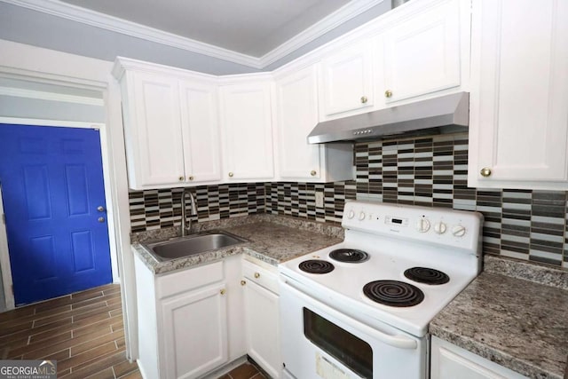 1852 E Farris Ave, Atlanta, GA 30344 - kitchen with white electric stove, a sink, under cabinet range hood, white cabinets, and crown molding
