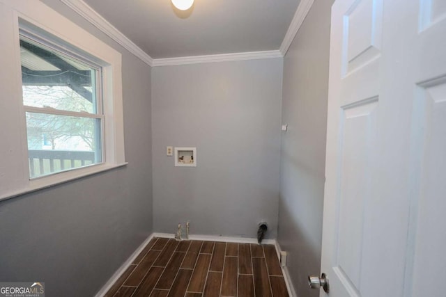 1852 E Farris Ave, Atlanta, GA 30344 - laundry area featuring hookup for a washing machine, baseboards, dark wood-type flooring, and crown molding