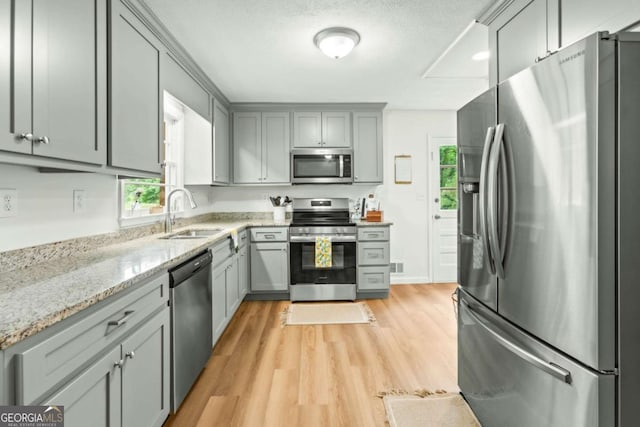 764 Sandy Cross Rd, Lexington, GA 30648 - kitchen featuring stainless steel appliances, gray cabinets, light wood-style floors, plenty of natural light, and a textured ceiling