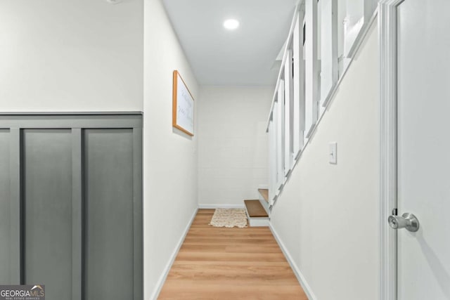 764 Sandy Cross Rd, Lexington, GA 30648 - hallway with light wood-style flooring, stairway, and recessed lighting