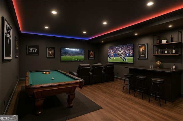 6192 Holiday Blvd, Forest Park, GA 30297 - rec room featuring billiards, wood finished floors, a bar, recessed lighting, and a tray ceiling