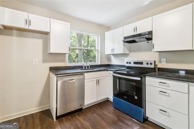 6192 Holiday Blvd, Forest Park, GA 30297 - kitchen featuring under cabinet range hood, stainless steel dishwasher, electric stove, dark countertops, and white cabinetry