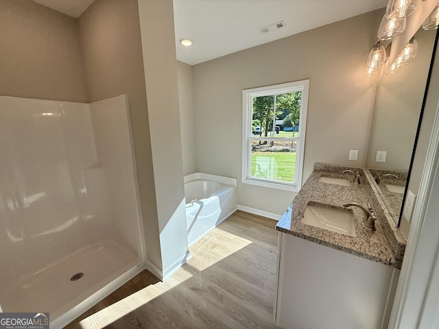 143 Roberts Quarters Rd, Concord, GA 30206 - full bath featuring wood finished floors, baseboards, a garden tub, double vanity, and a shower