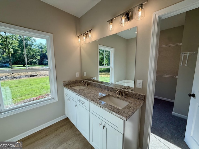 143 Roberts Quarters Rd, Concord, GA 30206 - bathroom with baseboards, double vanity, a spacious closet, and wood finished floors