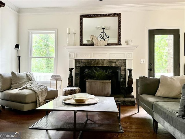 8525 Anchor On Lanier Ct, Gainesville, GA 30506 - living area featuring dark wood-style floors, crown molding, a fireplace, and plenty of natural light