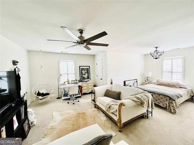 8525 Anchor On Lanier Ct, Gainesville, GA 30506 - bedroom featuring light colored carpet, a chandelier, baseboards, and ceiling fan