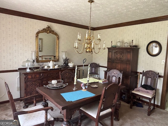 404 Windsor Way, Peachtree City, GA 30269 - dining area featuring carpet floors, wallpapered walls, a chandelier, ornamental molding, and a textured ceiling