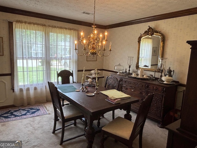 404 Windsor Way, Peachtree City, GA 30269 - dining space with a textured ceiling, a chandelier, light colored carpet, healthy amount of natural light, and wallpapered walls